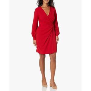 DKNY Women's Side Knot V-Neck Sheath Red Dress Size 14 Faux Wrap Zip Back NEW